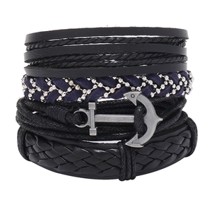 Multi-layer leather anchor bracelet set with purple woven beads and nautical charm