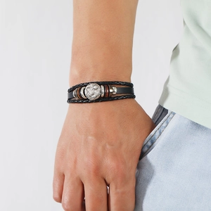 Men's multilayer braided leather bracelet featuring vintage sun and moon charms with wooden beads
