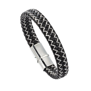 Modernes mehrschichtiges schwarzes Lederarmband für Herren mit Silberfaden und Metallverschluss