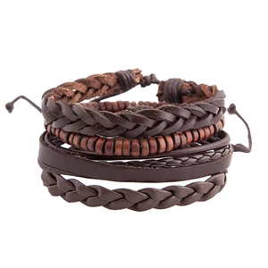 Retro multi-layer woven leather bracelet set with dark brown wooden beads and adjustable cord