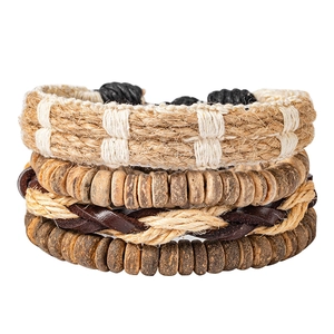 Men Vintage Ethnic Braided Bracelet Handmade Leather Hemp Rope Coconut Shell Bead Adjustable Layered Jewelry