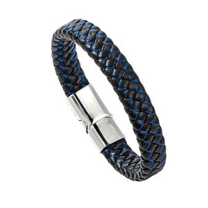 Mehrlagiges geflochtenes Lederarmband für Herren mit blauen Akzenten und Magnetverschluss