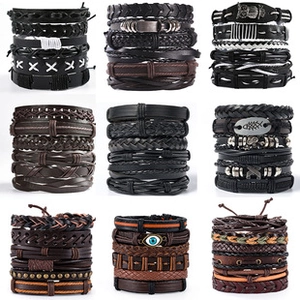 Collection of braided leather multi-layer bracelets with owl and evil eye charms