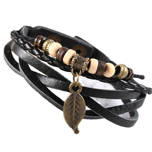 Handmade multi-layer braided leather bracelet with wooden beads and bronze leaf charm