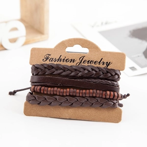 Retro multi-layer leather bracelet set with brown wooden beads and woven cords on card