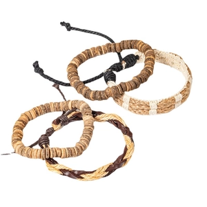 Set of 4 men's bohemian woven bracelets featuring coconut shell beads and brown leather cord