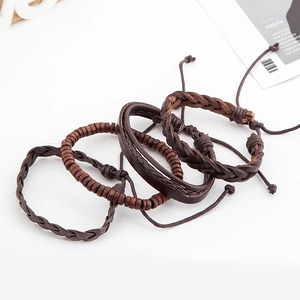 Retro multi-layer woven leather bracelet set with brown wood beads in bohemian style