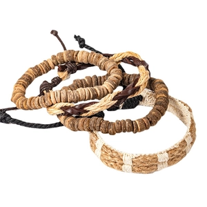 Ethnic woven bracelet set for men featuring coconut shell beads and brown leather cords