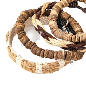 Retro handmade braided bracelet set with coconut shell beads and leather cords