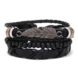 Retro Men Leather Bracelet Combination Multi Layer Woven Cord Feather Pendant Black Beads Punk Fashion Jewelry Adjustable Wristband