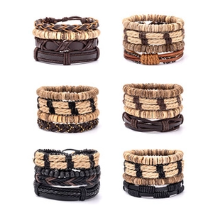 Detailed view of six braided leather multi-layer bracelet sets with turquoise and beads