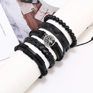 Men's 5-piece black leather beaded bracelet set with Tree of Life pendant charm