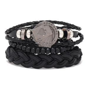 Ensemble de Bracelets en Cuir Tressé Multicouche pour Hommes Vintage Avec Perles en Bois Charme Poker As de Pique Bijoux