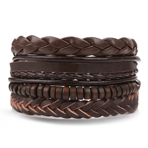 Vintage Leather Braided Bracelet Set For Men Women Handmade Wood Beads Multi-Layer Bohemian Punk Wristband Adjustable Fashion Jewelry