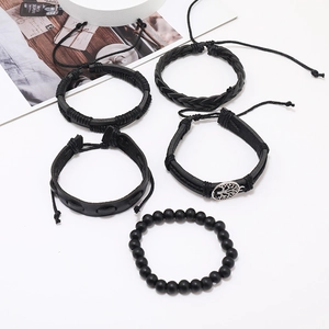 Men's 5-piece black tree of life layered bracelet set with leather and matte beads