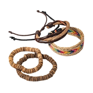 Exotic bohemian multilayer hand-woven bracelet set with coconut shell beads and arrow pattern
