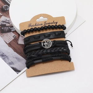 5-piece black beaded and braided leather tree of life bracelet set for men