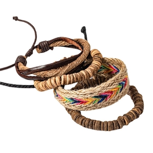 Exotic ethnic braided leather and coconut shell wood bead multi-layer bracelet set