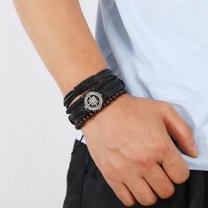 Men's vintage compass layered leather bracelet set with woven ropes and wooden beads