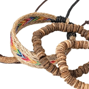 Exotic ethnic multilayer woven bracelet set featuring natural coconut shells and colorful beads