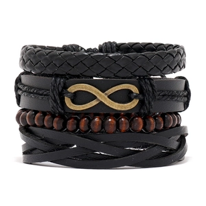 Men Vintage Multi-layer Leather Bracelets Infinity Symbol Cowhide PU Woven Cord Wood Beads Adjustable Punk Jewelry