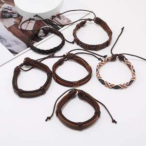 Six-piece set of men's vintage braided leather bracelets with adjustable pull-string knots