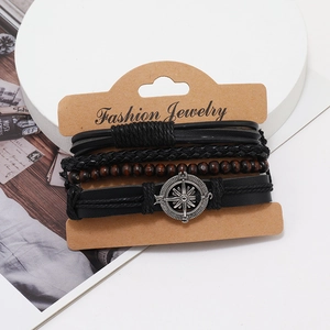Men's retro leather bracelet set with compass charm and wooden beads on display