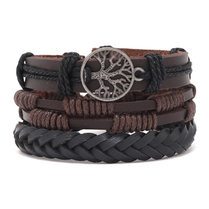 Retro multi-layer woven leather bracelet featuring a Tree of Life alloy pendant