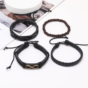 Men's 4-piece multilayer leather bracelet set with infinity charm and brown wood beads
