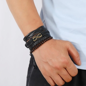 Men's multi-layer leather bracelet set with infinity symbol and wooden beads
