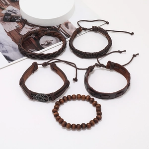 Five-piece set of men's vintage brown leather braided bracelets with Tree of Life charm