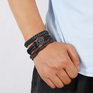 Men's multilayer braided leather bracelet set with tree of life metal charm on wrist