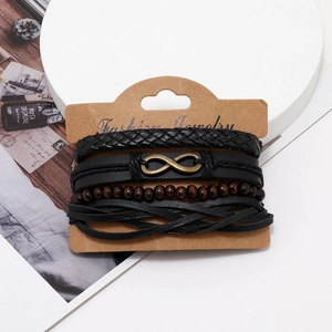 Men's 4-piece multilayer black braided leather bracelet set with infinity charm and wood beads