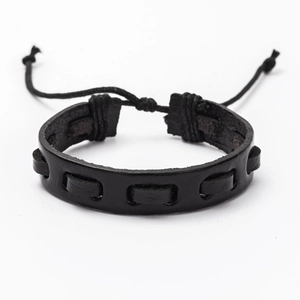 Detailed view of woven black leather bracelet with adjustable drawstring closure and texture