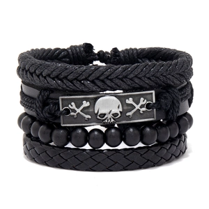 Men's black punk multi-layer leather bracelet set with skull charms and wood beads
