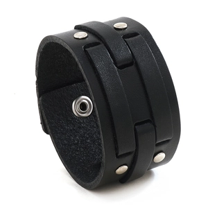 Men Punk Rock Wide Leather Bracelet With Metal Rivets Adjustable Handmade Black Multi-Layer Bangle Street Fashion Jewelry