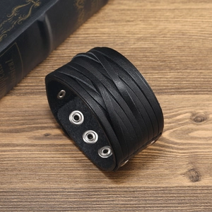 Men's retro black multilayer braided leather bracelet with silver metal snap buttons
