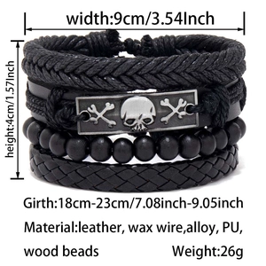Detail of multi-layer men's braided leather bracelet set with alloy skull plate charm