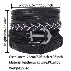 Détail du bracelet multi-rangs en cuir pour hommes avec ancre et dimensions précises