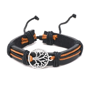 Multilayer leather bracelet featuring Tree of Life charm and wooden beads on white background