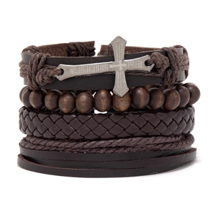 Men's multilayer leather bracelet set with dark brown wood beads and a metal cross charm