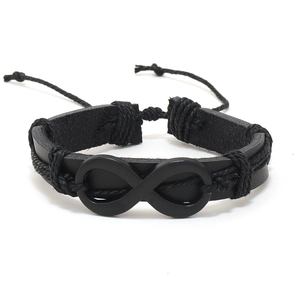 Punk style braided black leather bracelet featuring a matte black infinity symbol charm