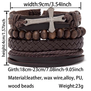 Detail view of multi-layer leather bracelet set with cross charm and wood beads