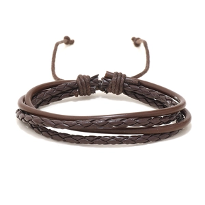 Handmade multi-layer brown leather woven bracelet for men with adjustable cord closure