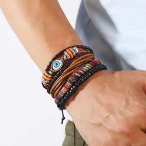 Herren Armband-Set mit Evil-Eye-Perle aus geflochtenem Leder im Ethno-Stil