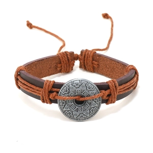Vintage multilayer woven leather bracelet with silver tribal totem metal disk