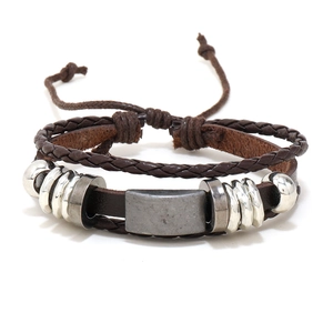Vintage braided multilayer leather bracelet set for men with metal plate and adjustable cord