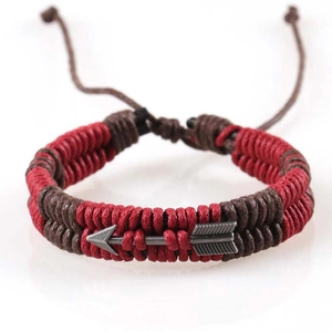 Handmade woven bracelet with arrow metal charm in vintage red and coffee cord style
