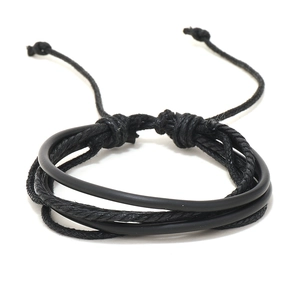 Handmade multi-layer black braided leather punk bracelet with adjustable sliding knot cord