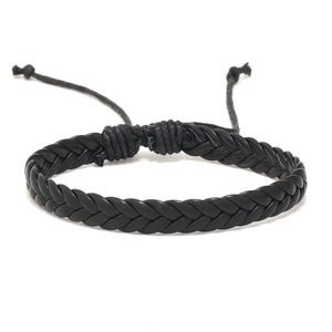 Vintage multilayer black braided leather bracelet set for men with adjustable cord closure